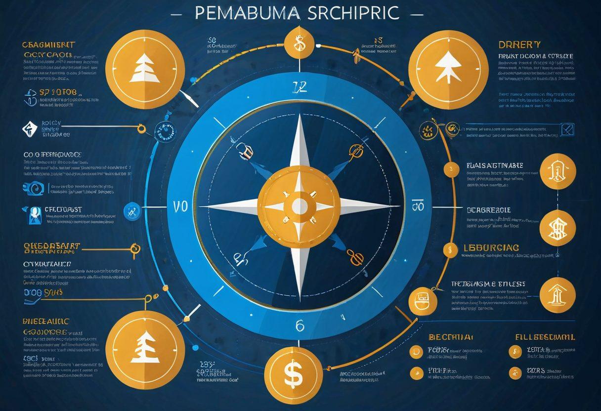 A sophisticated infographic showcasing a detailed blueprint of premium options, featuring vibrant elements like discount tags and coverage icons. Integrate a compass and roadmap motif to symbolize navigation through coverage plans. Use a color palette of deep blues and golds to convey luxury and trust. Include stylized coins or currency to represent discounts. vibrant colors. flat design.