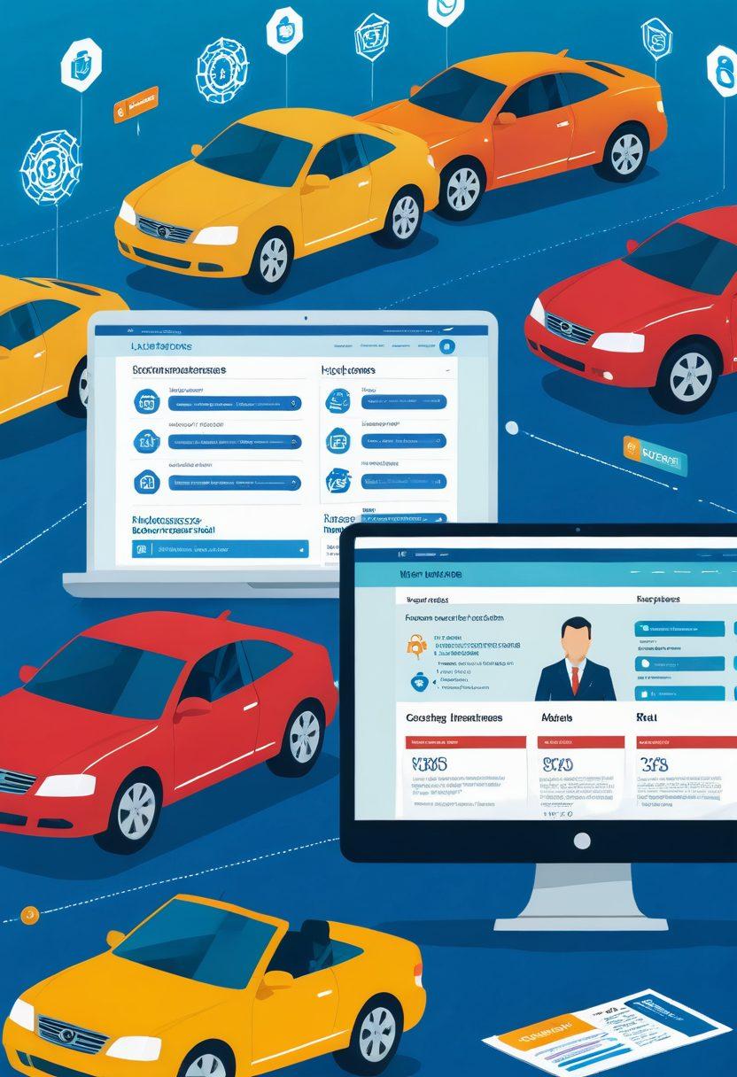 A split-screen illustration showing two computer screens displaying different automobile insurance websites with comparison charts. In the foreground, a thoughtful person analyzing the data holds a magnifying glass while surrounded by car icons and dollar signs. Bright colors emphasize the competitive nature of insurance rates. Engaging and informative design elements enhance the educational aspect. vector art. vibrant colors.