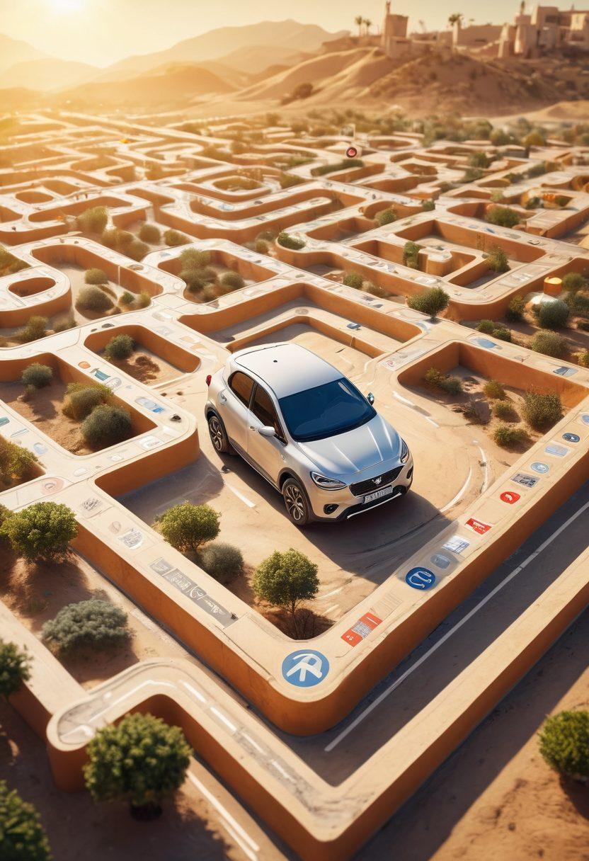 A detailed, labyrinthine maze shaped like a car, with various traffic signs and insurance symbols scattered throughout. A confident individual is seen navigating the maze, holding a map that represents smart vehicle protection choices. The background features a sunny sky, with hints of urban life to enhance the concept of automobile coverage. The overall color scheme is bright and inviting. super-realistic. vibrant colors.